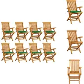 vidaXL Gartenstühle mit Grünen Kissen 8 Stk. Massivholz Teak - Gartenstühle