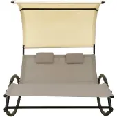 The Living Store Doppel-Sonnenliege mit Sonnendach Textilene Taupe und Creme