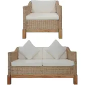 vidaXL 2-tlg. Sofagarnitur mit Kissen Natur Rattan