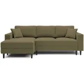 Selsey Nalika - Ecksofa mit Schlaffunktion, Bettkasten, Samtbezug Olivgrün wasserabweisend, linksseitig