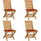 vidaXL Gartenstühle mit Roten Kissen 4 Stk. Teak Massivholz