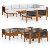vidaXL 10-tlg. Garten-Lounge-Set mit Kissen Cremefarbenes Holz Akazie & Seil