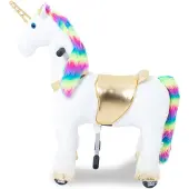 Vrooomy Einhorn auf Rollen Kinder Reittier Klein (4–6 Jahre) – Mechanisches Reitpferd mit Galoppfunktion & Lenkung – Plüsch Reittier Indoor & Outdoor – Regenbogen