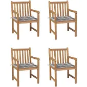 vidaXL Gartenstühle 4 Stk. Graue Karomuster-Kissen Massivholz Teak
