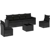 vidaXL 7-tlg. Garten-Sofagarnitur mit Kissen Schwarz Poly Rattan