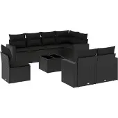 vidaXL 9-tlg. Garten-Sofagarnitur mit Kissen Schwarz Poly Rattan