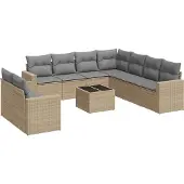 vidaXL 10-tlg. Garten-Sofagarnitur mit Kissen Beige Poly Rattan