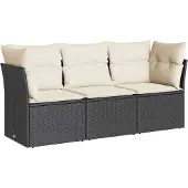 vidaXL 3-tlg. Garten-Sofagarnitur mit Kissen Schwarz Poly Rattan