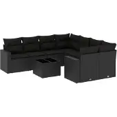 vidaXL 9-Tlg Garten-Sofagarnitur mit Kissen Schwarz Poly Rattan 3251092