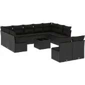 vidaXL 12-tlg. Garten-Sofagarnitur mit Kissen Schwarz Poly Rattan