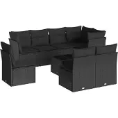 vidaXL 9-tlg. Garten-Sofagarnitur mit Kissen Schwarz Poly Rattan