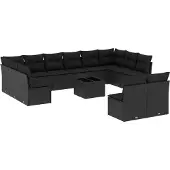 vidaXL 13-tlg. Garten-Sofagarnitur mit Kissen Schwarz Poly Rattan