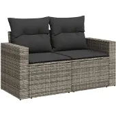 vidaXL Gartensofa 2-Sitzer mit Kissen Grau Poly Rattan