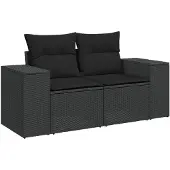 vidaXL Gartensofa mit Kissen 2-Sitzer Schwarz Poly Rattan