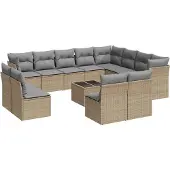 vidaXL 13-tlg. Garten-Sofagarnitur mit Kissen Beige Poly Rattan