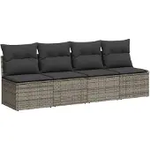vidaXL Gartensofa mit Kissen 4-Sitzer Grau Poly Rattan