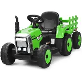 Costway 12V 3-Gang 3-8KM/H Kinder Elektroauto Traktor mit abnehmbarem Anhänger, 2,4-GHz-Fernbedienung, LED Lichtern, Musik&USB, für Kinder 3+ Grün