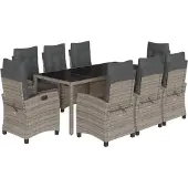 vidaXL 9-tlg. Garten-Essgruppe mit Kissen Grau Poly Rattan