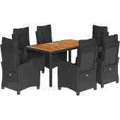 vidaXL 7-tlg. Garten-Essgruppe mit Kissen Schwarz Poly Rattan