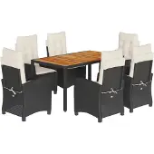 vidaXL 7-tlg. Garten-Essgruppe mit Kissen Schwarz Poly Rattan