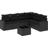 vidaXL 7-tlg. Garten-Sofagarnitur mit Kissen Schwarz Poly Rattan