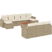 vidaXL 11-tlg. Garten-Sofagarnitur mit Kissen Beige Poly Rattan