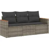 vidaXL 3-tlg. Garten-Sofagarnitur mit Kissen Grau Poly Rattan