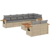 vidaXL 9-tlg. Garten-Sofagarnitur mit Kissen Beige Poly Rattan