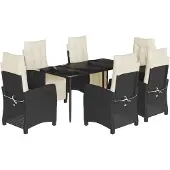 vidaXL 7-tlg. Garten-Essgruppe mit Kissen Schwarz Poly Rattan