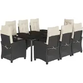 vidaXL 9-tlg. Garten-Essgruppe mit Kissen Schwarz Poly Rattan