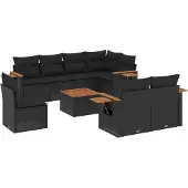 vidaXL 9-tlg. Garten-Sofagarnitur mit Kissen Schwarz Poly Rattan