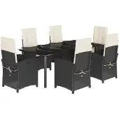 vidaXL 7-tlg. Garten-Essgruppe mit Kissen Schwarz Poly Rattan