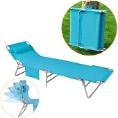 SoBuy Gartenliege mit Seitentasche und Kopfkissen luftig klappbar Sonnenliege Liegestuhl für Gärten, Höfe, Strände, Balkone Blau OGS35-B
