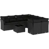 vidaXL 9-tlg. Garten-Sofagarnitur mit Kissen Schwarz Poly Rattan