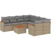 vidaXL 9-tlg. Garten-Sofagarnitur mit Kissen Beige Poly Rattan