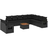 vidaXL 11-tlg. Garten-Sofagarnitur mit Kissen Schwarz Poly Rattan