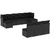 vidaXL 10-tlg. Garten-Sofagarnitur mit Kissen Schwarz Poly Rattan