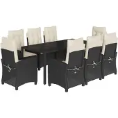 vidaXL 9-tlg. Garten-Essgruppe mit Kissen Schwarz Poly Rattan