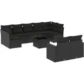 vidaXL 10-tlg. Garten-Sofagarnitur mit Kissen Schwarz Poly Rattan
