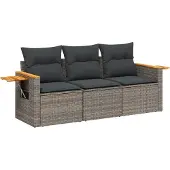 vidaXL 3-tlg. Garten-Sofagarnitur mit Kissen Grau Poly Rattan