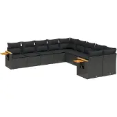 vidaXL 10-tlg. Garten-Sofagarnitur mit Kissen Schwarz Poly Rattan