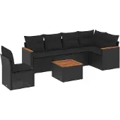 vidaXL 7-tlg. Garten-Sofagarnitur mit Kissen Schwarz Poly Rattan