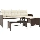 vidaXL Gartensofa in L-Form mit Tisch und Kissen Braun Poly Rattan