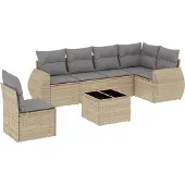 vidaXL 7-tlg. Garten-Sofagarnitur mit Kissen Beige Poly Rattan