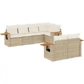 vidaXL 7-tlg. Garten-Sofagarnitur mit Kissen Beige Poly Rattan