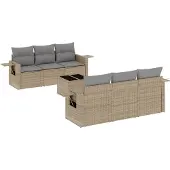 vidaXL 7-tlg. Garten-Sofagarnitur mit Kissen Beige Poly Rattan