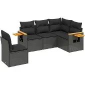 vidaXL 5-tlg. Garten-Sofagarnitur mit Kissen Schwarz Poly Rattan