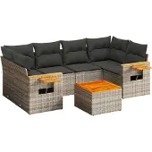 vidaXL 7-tlg. Garten-Sofagarnitur mit Kissen Grau Poly Rattan