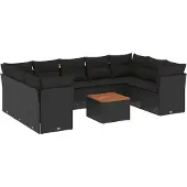 vidaXL 10-tlg. Garten-Sofagarnitur mit Kissen Schwarz Poly Rattan