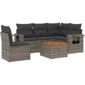 vidaXL 6-tlg. Garten-Sofagarnitur mit Kissen Grau Poly Rattan